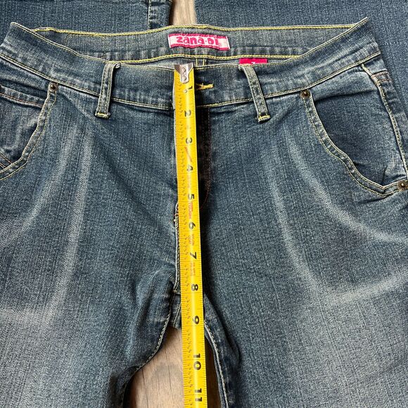 Y2K Flare Jeans Low Rise Dark Wash Yellow Stitch Hot Pink Blue Unique Grunge 29 - Picture 8 of 10